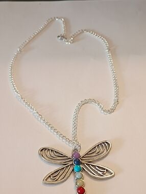 Silver Dragonfly Pendant Necklace with Multicolor Stones